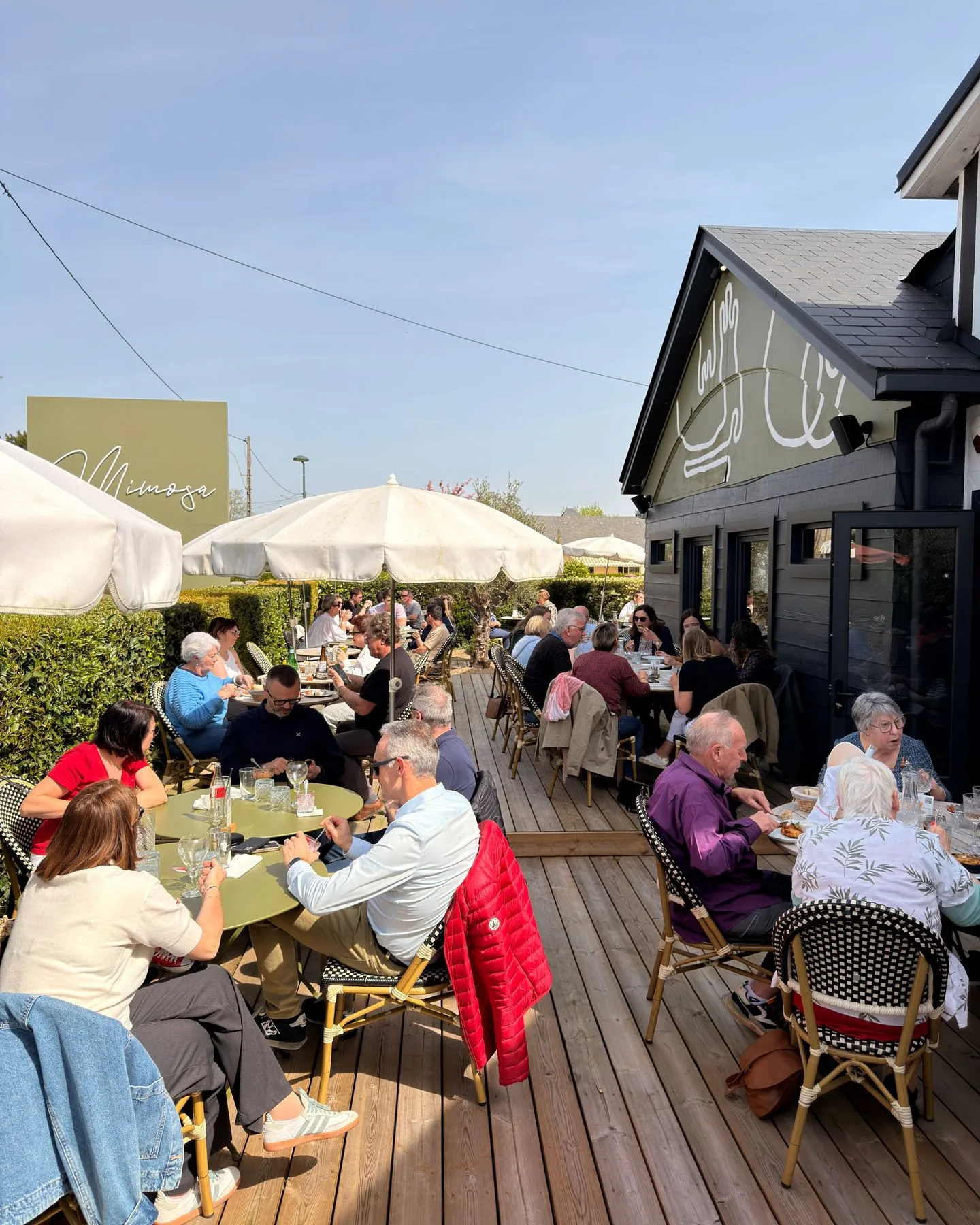 Grande terrasse ensoleillée du restaurant Mimosa, tables et chaises bistrot sous parasols blancs, enseigne Mimosa en arrière-plan